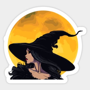 Black witch with yellow moon Halloween Sticker